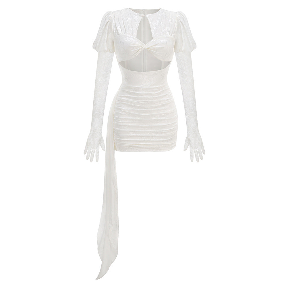 Dariel Floral Jacquard Cutout Draped Mini Dress – White - OWNCI Dariel Floral Jacquard Cutout Draped Mini Dress – White - OWNCI