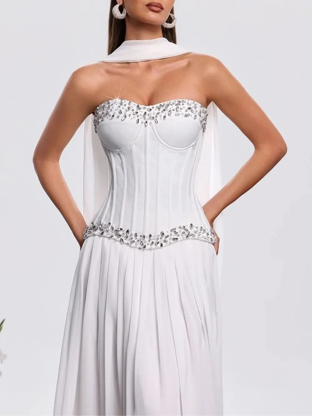 Zeldran Scarf Strapless Crystal Maxi Dress - OWNCI