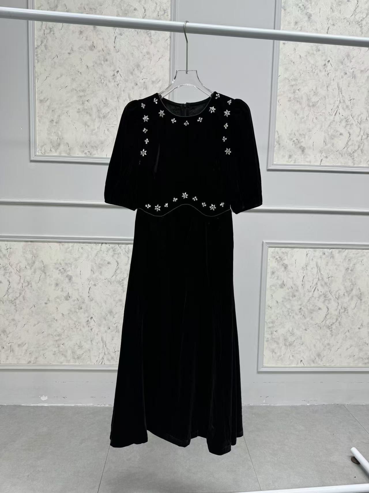 Vicky Black Rhinestone Embellished Velvet Puff Sleeve Maxi Dress - OWNCI Vicky Black Rhinestone Embellished Velvet Puff Sleeve Maxi Dress - OWNCI