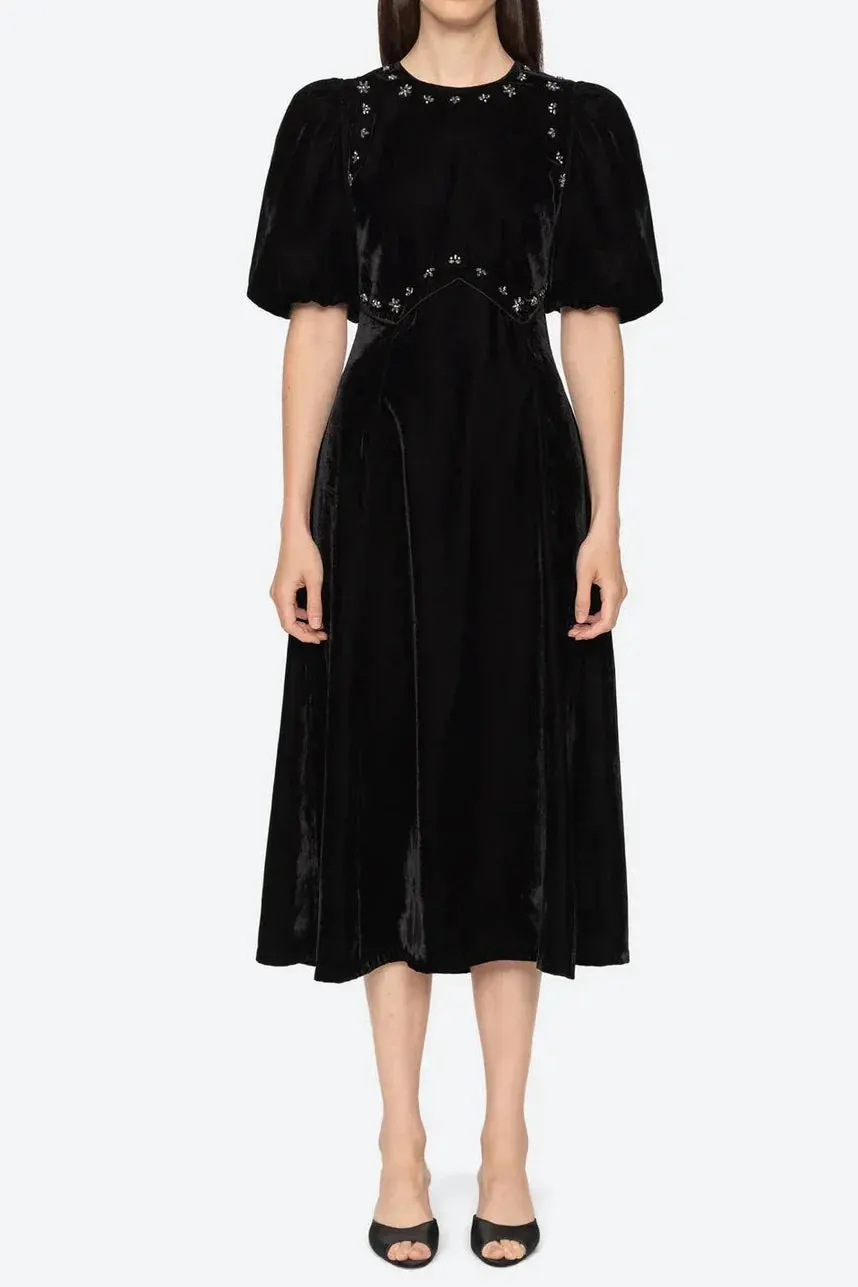 Vicky Black Rhinestone Embellished Velvet Puff Sleeve Maxi Dress - OWNCI Vicky Black Rhinestone Embellished Velvet Puff Sleeve Maxi Dress - OWNCI