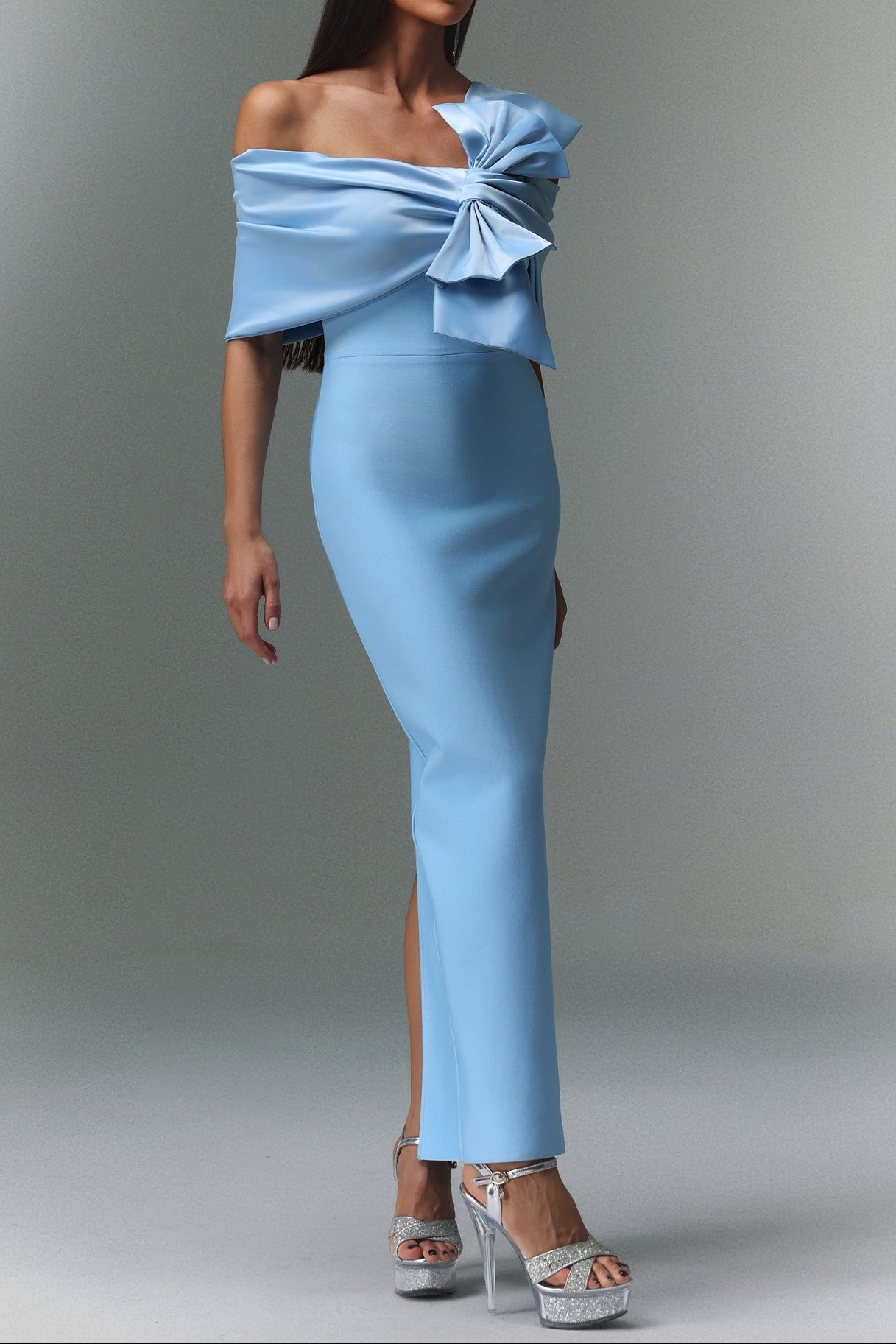 Marina Blue One-Shoulder Bow Bandage Satin Maxi Dress - OWNCI