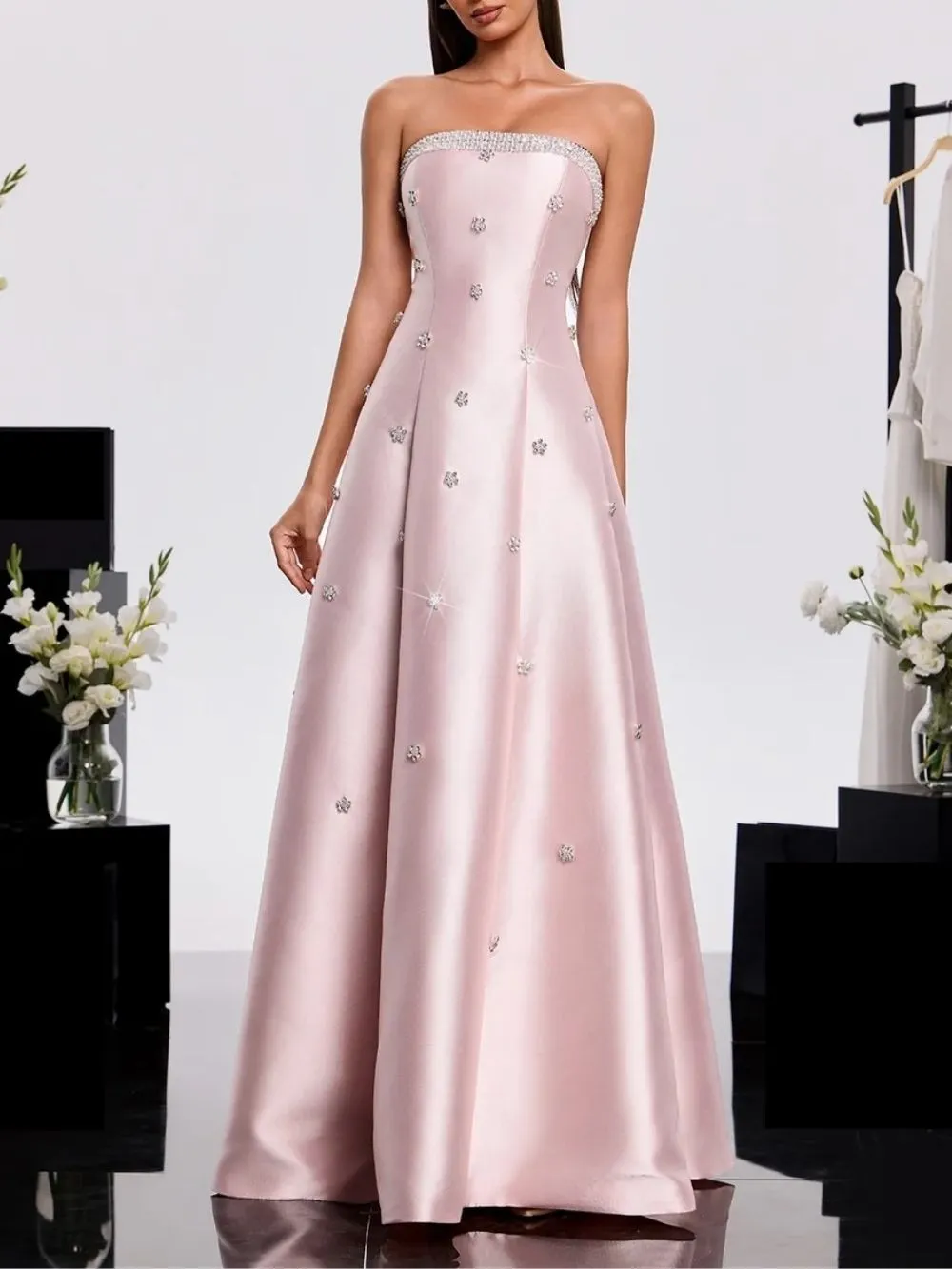 Harumi Strapless Rhinestone Satin Dress - OWNCI Harumi Strapless Rhinestone Satin Dress - OWNCI