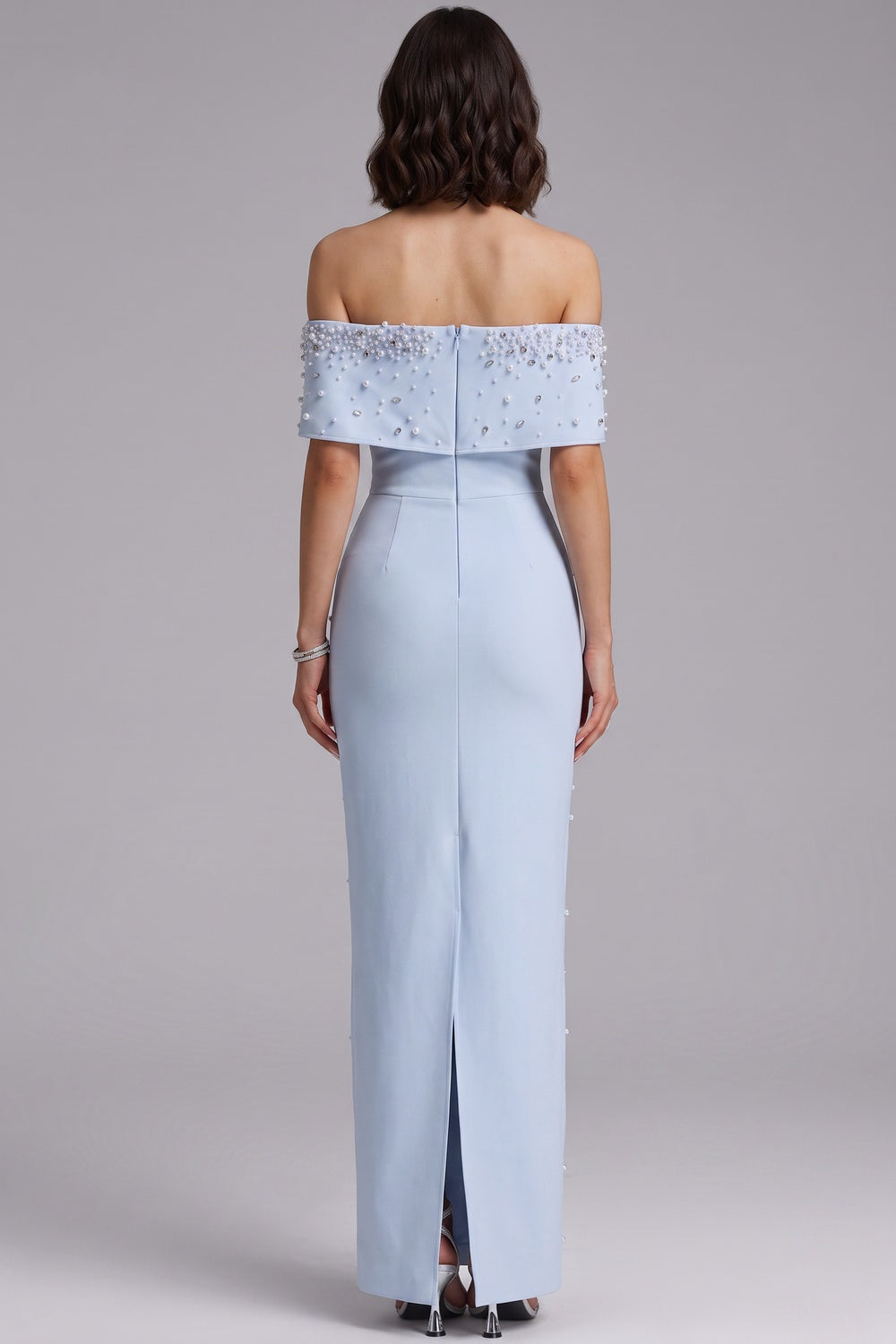 Light Blue Structured Crepe Column Gown with Pearl Embellishments - OWNCI Light Blue Structured Crepe Column Gown with Pearl Embellishments - OWNCI