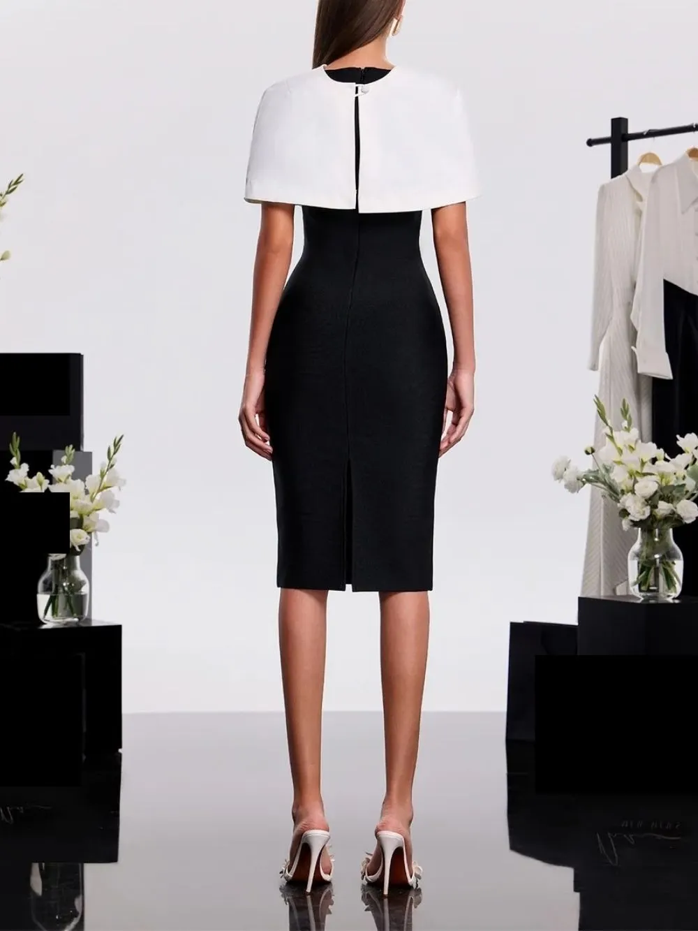 Gravenk Cape Flower Bandage Midi Dress - OWNCI